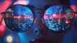 © jago - Close-up of a person wearing sunglasses reflecting a vibrant city skyline.