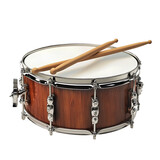 A snare drum with two wooden drumsticks on it, against a transparent background
