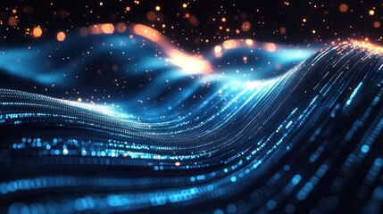 Futuristic digital wave blue glowing particles cyberpunk dark background dynamic motion abstract flow
