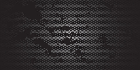 Wall Mural - dark grey abstract wide horizontal banner with hexagon carbon fiber grid and orange luminous lines. 