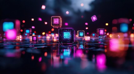 Wall Mural - futuristic digital cubes floating in a dark, reflective environment with glowing lights