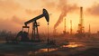 © jago - Oil drilling rigs dominate the landscape at sunset.