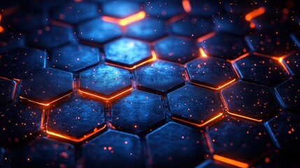 Neon blue futuristic hexagonal grid pattern high contrast cyberpunk digital art symmetrical dark background technology network connection