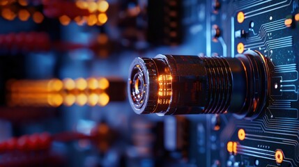 Wall Mural - futuristic lens on circuit board, glowing orange lights, complex technology background. use stock ph