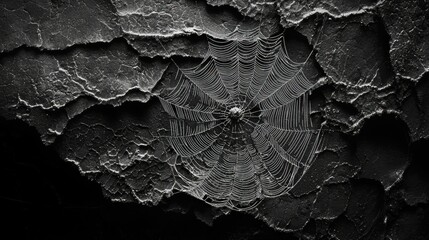 Intricate spiderweb on weathered wall
