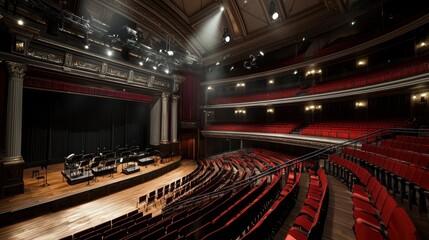 Canvas Print - Empty grand theater auditorium with orchestra pit, stage, and red seats