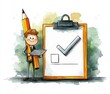 © Margarita - Businessman holding giant pencil with clipboard checklist successful task completion isolated