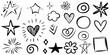 © SenpaiNoticeMe - Black and White Doodle Elements Vector Set, Hand Drawn Sketch Icons Pack, Minimalist Star and Heart Doodles Clipart, Monochrome Scribble Vector Shapes, Line Art Doodle Symbols Collection, Grunge Style