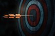 © Tatyana - Arrows hitting bullseye target dark atmospheric scene with dramatic lighting and foggy background business strategy and goal concept