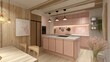 © Lili - A beautifully designed pink kitchen with rustic wooden accents