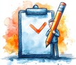 © Tatyana - Businessman holding giant pencil next to clipboard with large checkmark successful task completion checklist review work project management
