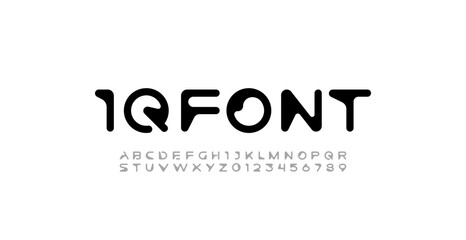 Wall Mural - Font digital cyber alphabet, cyberpunk rounded letters A, B, C, D, E, F, G, H, I, J, K, L, M, N, O, P, Q, R, S, T, U, V, W, X, Y, Z and futuristic numerals 0, 1, 2, 3, 4, 5, 6, 7, 8, 9