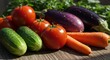 © AleniaFlow - Fresh Red Tomatoes Purple Eggplant Green Cucumbers Orange Carrots on Wooden Table
