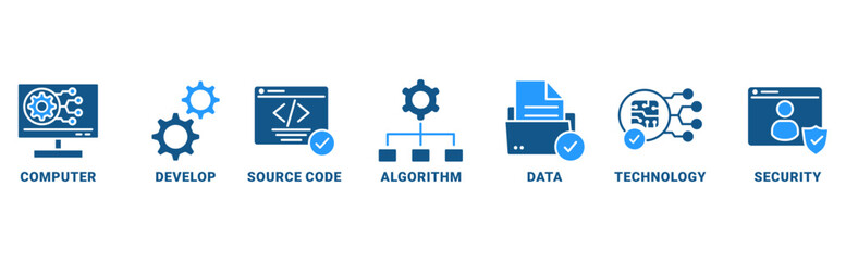 Programming banner web icon vector illustration concept with icon of computer, develop, source code, algorithm, data, technology, security 