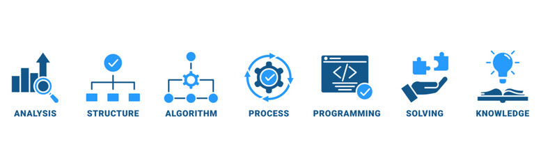Banner of data science web vector illustration concept with icons of analysis, structure, algorithm, process, programming, solving, knowledge 