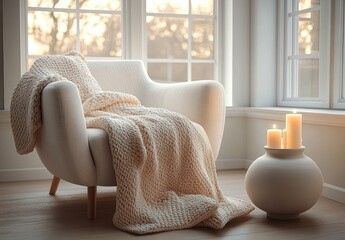 Aufkleber - Cozy Scandinavian living room with white armchair soft blankets warm sunlight wooden floor minimalist decor