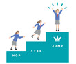 © papico - ステップアップ、レベルアップ、スキルアップ、ジャンプアップ、成長のイメージのピクトグラム風の女子学生のイラストセット