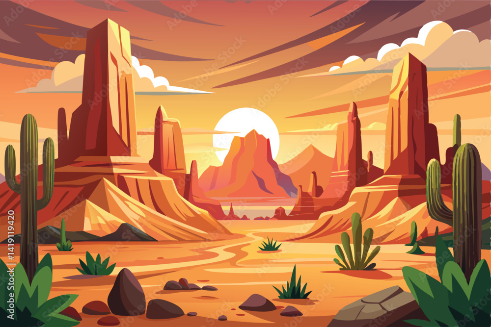 Desert landscape of canyon scenery with cactus and butte. Panoramic ...