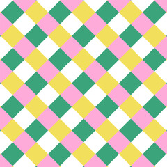 Wall Mural - Checkered plaid repeat pattern in green yellow pink white.Geometric gingham seamless pattern for summer, Christmas.Colorful abstract background with squares.Vector graphic wallpaper.