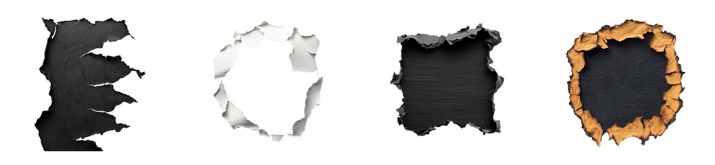 Canvas Print - different types of torn paper textures on a dark backdrop, cut out transparent