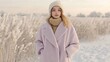 © ThuyTrang - A fashion editorial shoot with model wearing a pumpkin spice coat against a snowy arctic landscape, frost in the air, sunlight reflecting off ice crystals, strong contrast between warmth and cold.