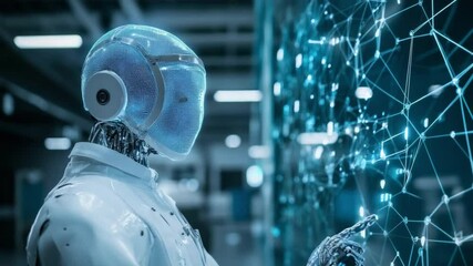 Aufkleber - Futuristic AI Interaction: A modern robot, with sleek, polished surfaces, gazes intently at a holographic projection of interconnected digital nodes.