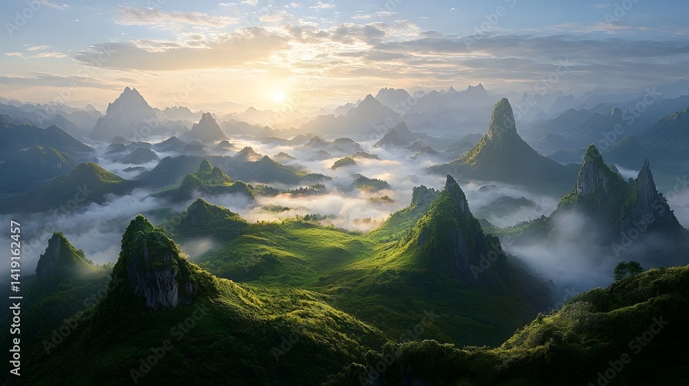 Majestic mountain peaks pierce through a shroud of mystical mist ...