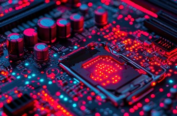 Wall Mural - close-up view of computer circuit board with colorful led lights
