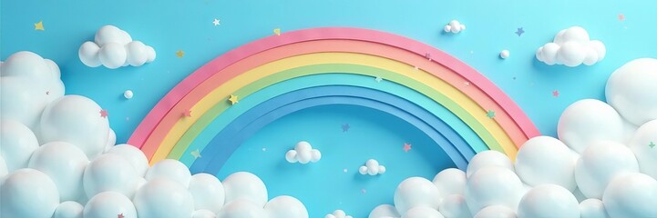 vibrant blue sky with colorful rainbow and fluffy clouds in whimsical paper art style, pastel, fanta