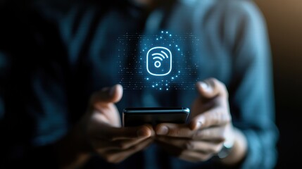 Aufkleber - Wireless device control via smartphone.  Hands hold a phone displaying a network icon