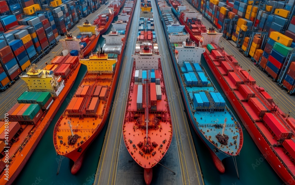 Massive Cargo Ships at a Busy Port: A Global Trade Hub , aerial shot ...