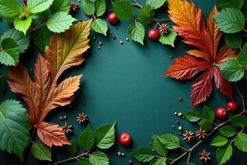 Wall Mural - Symmetrical arrangement of natural elements; leaves and branches , organic, autumn