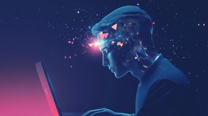 Conceptual representation of a digital mind processing information on a laptop