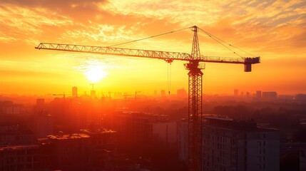 Poster - Construction crane at sunrise over city skyline