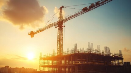 Aufkleber - Construction site at sunset with crane