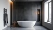© Pictoria - Modern Minimalist Bathroom with Gray Walls, White Bathtub, and Black Accent Wall