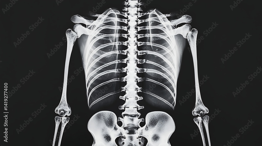 X-ray image displaying a human skeleton, highlighting the ribcage and ...