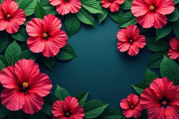 Wall Mural - vibrant hibiscus blooms, lush leaves, repeating pattern, print, tropical