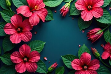 Wall Mural - vibrant hibiscus blooms, lush leaves, repeating pattern, hibiscus, green, texture