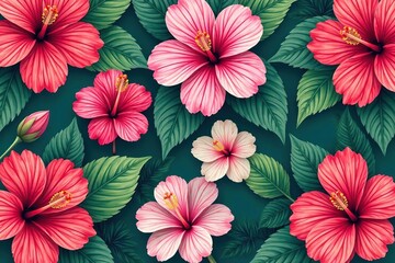Wall Mural - bold blooming hibiscus, tropical seamless design, tropical, orange, seamless