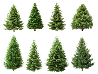 collection of eight different coniferous evergreen trees isolated on black background high-resolutio