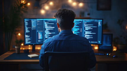 Senior web app developer working on outsource solution in dark blue tech workspace