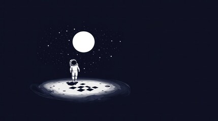 Wall Mural - Astronaut stands on a small planet under the moon and stars with dark background in space