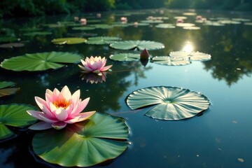 Wall Mural - water lilies creating a floral pattern on a lake's surface, lily, organic, floral