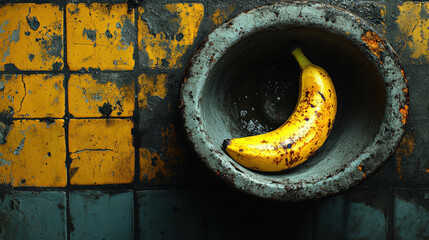 Fototapete - ripe banana with brown spots sits in rustic, round stone bowl against backdrop of worn, yellow and blue tiles, creating contrast between vibrant fruit and aged setting