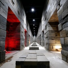 Poster - Architectural Tunnel Vision: Exploring the Stone Corridor with Red Light Accent and Geometric Precision.