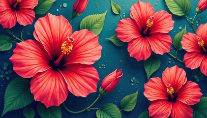 Wall Mural - bold hibiscus print, repeating motif, saturated hues , motif, flowers, red