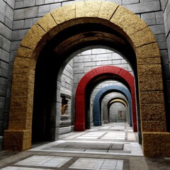 Poster - Corridor of Colored Arches: A journey through a stone passage featuring gold, red, and blue arches receding into the distance.