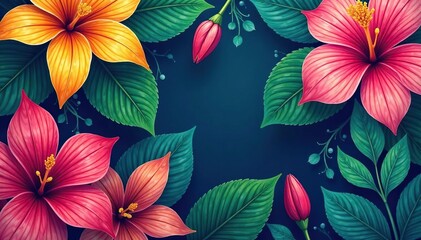 Wall Mural - bold tropical floral wallpaper, vibrant colors, red, digital, yellow