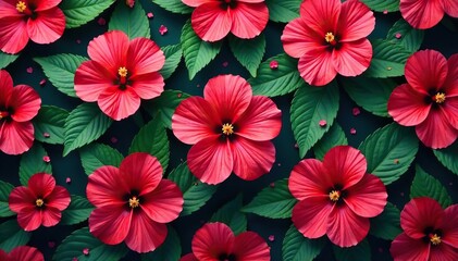 Wall Mural - vibrant hibiscus blooms, lush leaves, repeating pattern , motif, yellow